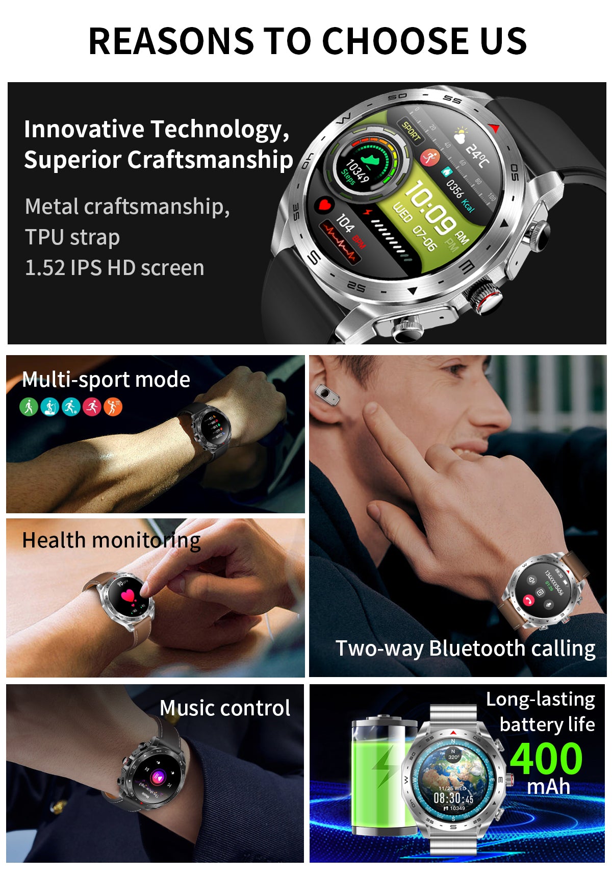 Smart Watch with 1.52 Inch IPS Screen BT Earphone